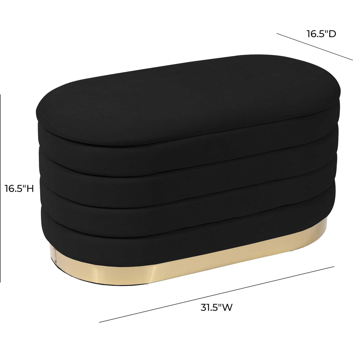 This black velvet bench is 31.5 inches wide, 16.5 inches deep, and 16.5 inches high for a compact fit