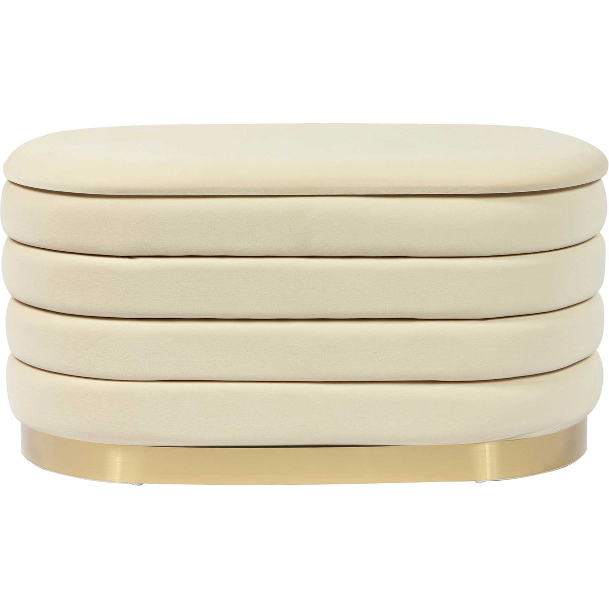 A smooth padded seat and plush cream velvet channels rest above a sleek gold-tone plinth || TOV-OC68153 || front_studio
