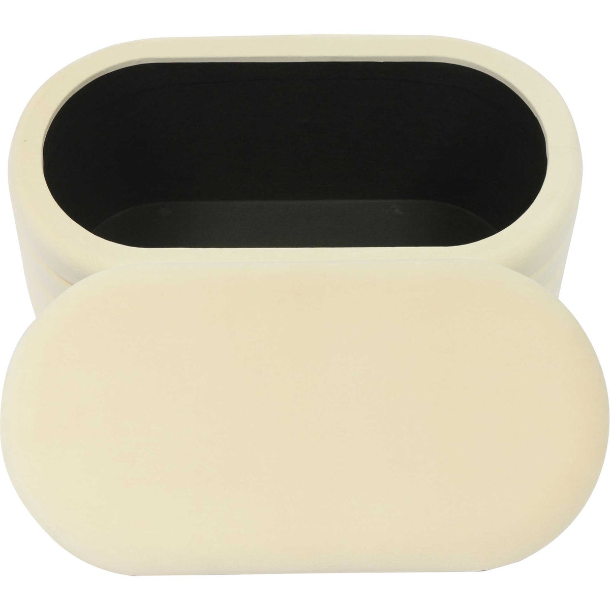 The removable cream velvet lid uncovers a roomy black-lined compartment for blankets and other essentials
