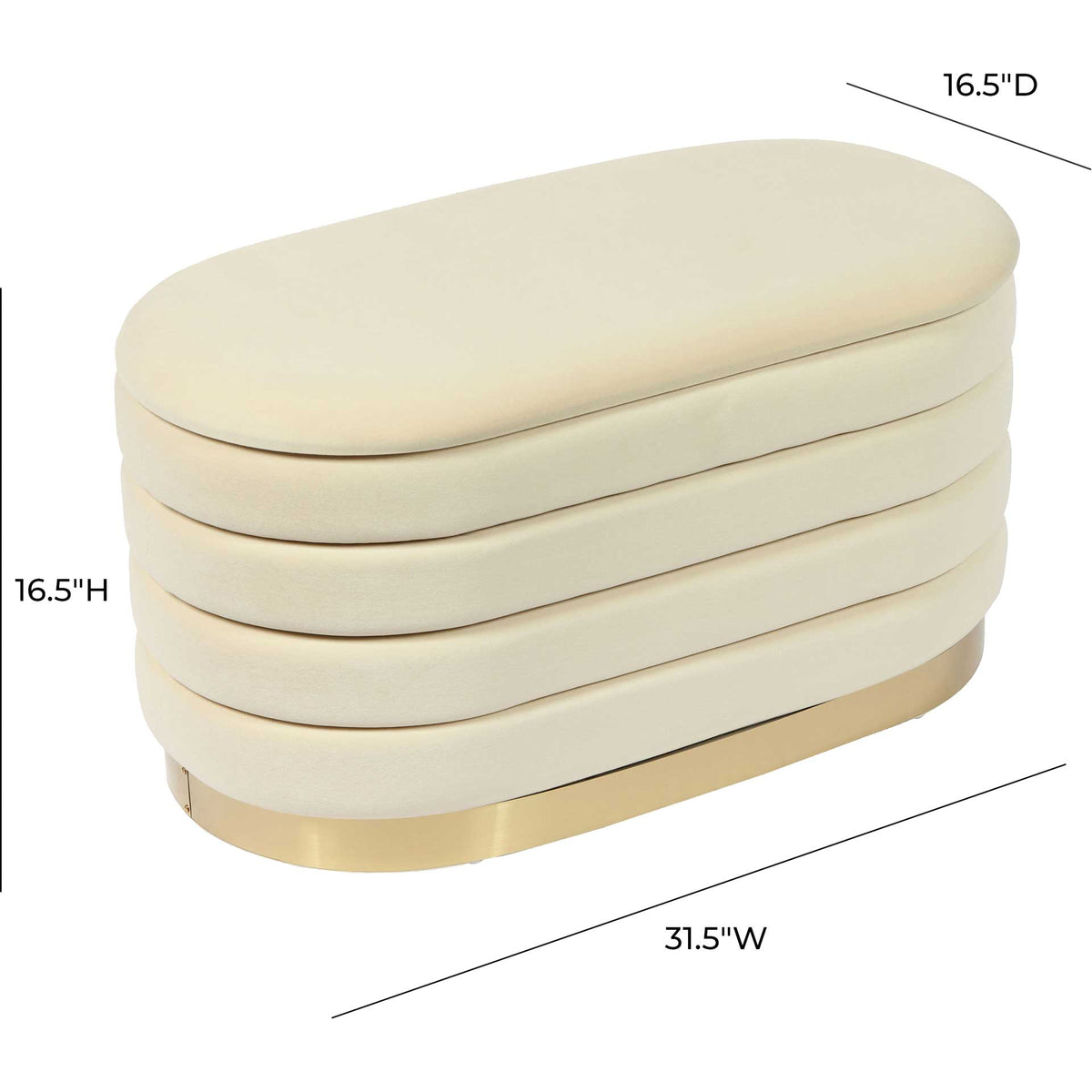 Measuring 31.5 inches wide by 16.5 inches deep and high, this cream velvet bench offers compact versatility