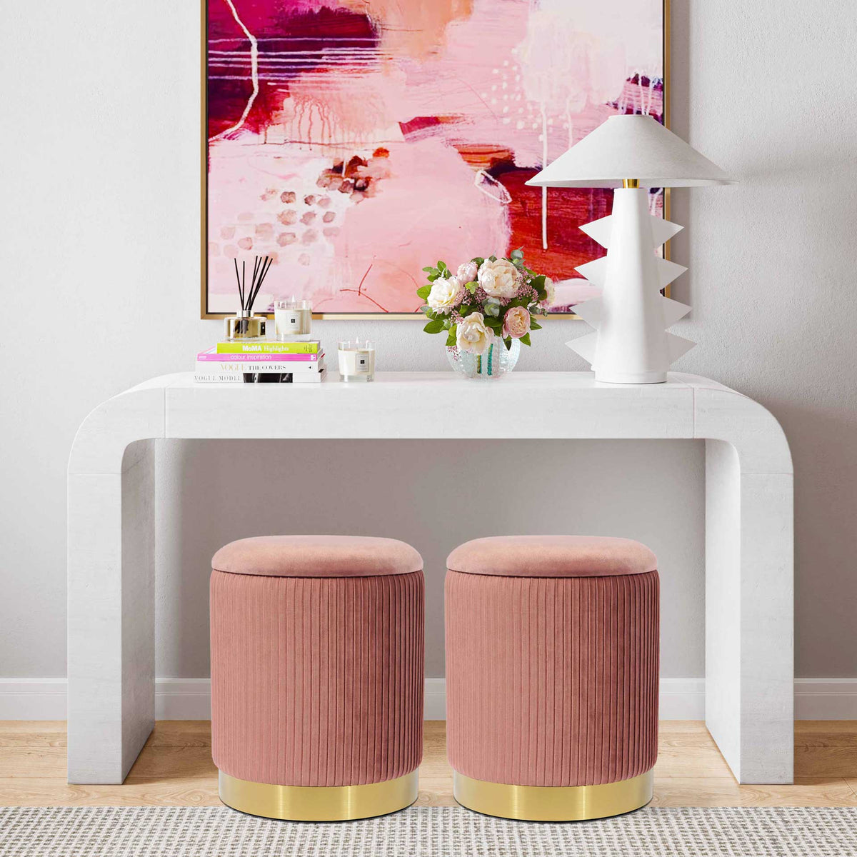 Zorn Velvet Storage Ottoman Blush