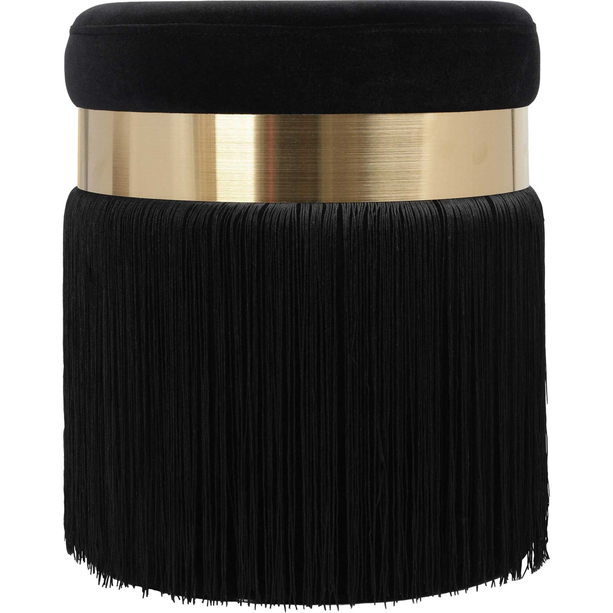 A dramatic black fringe skirt and gleaming brass accent give this velvet ottoman vintage-inspired charm || TOV-OC68211 || front_studio