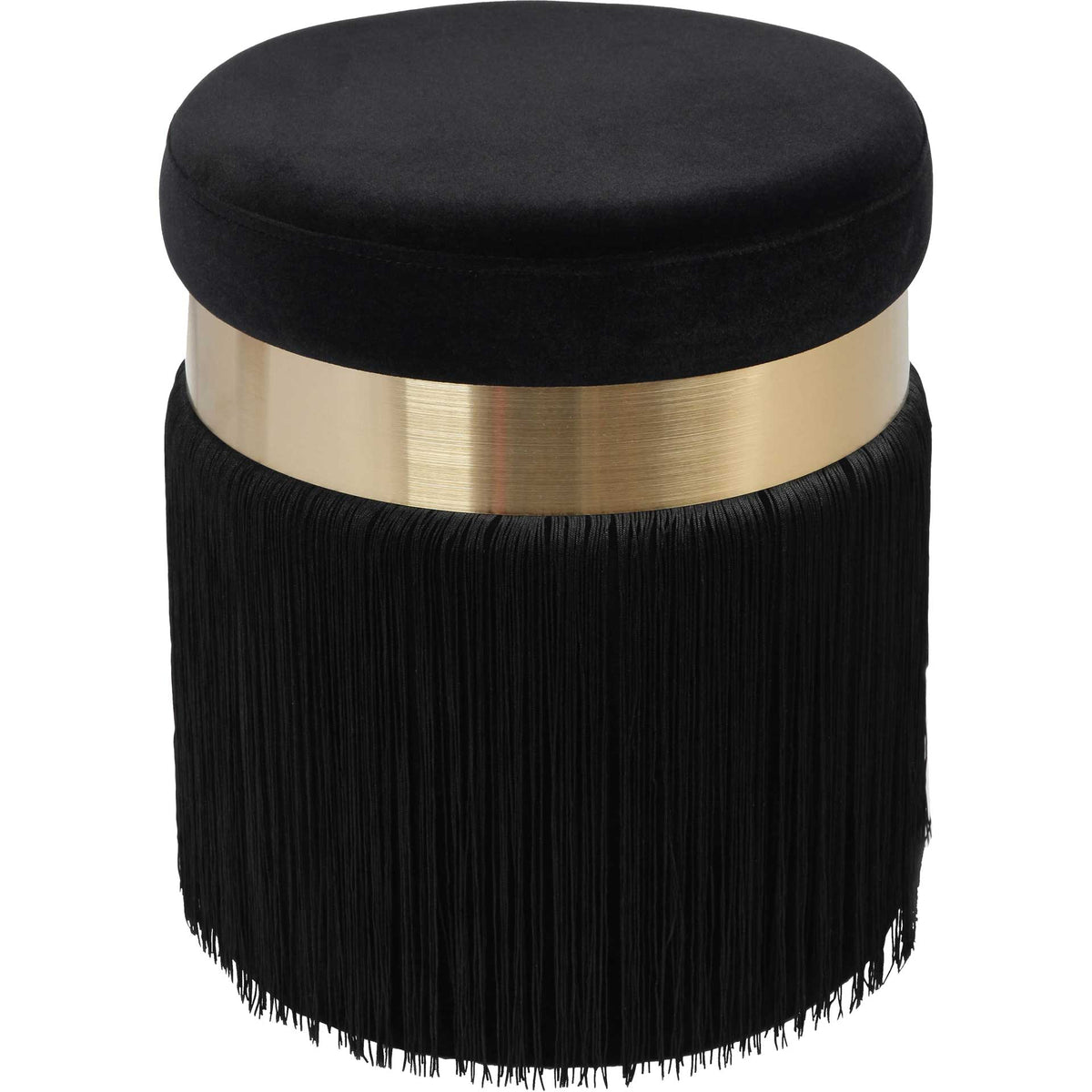 Black velvet ottoman pairs a plush round seat with a wide brushed brass band and cascading fringe || TOV-OC68211 || front_angle_studio