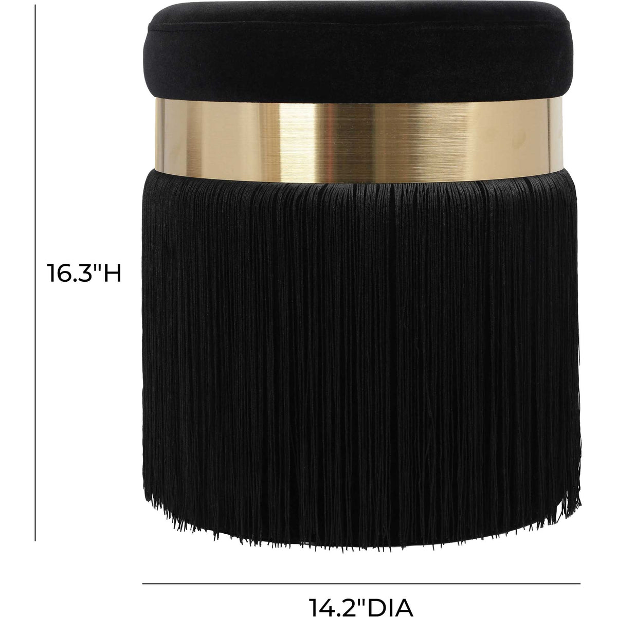 Black fringed velvet ottoman measures 14.2 inches in diameter and 16.3 inches tall