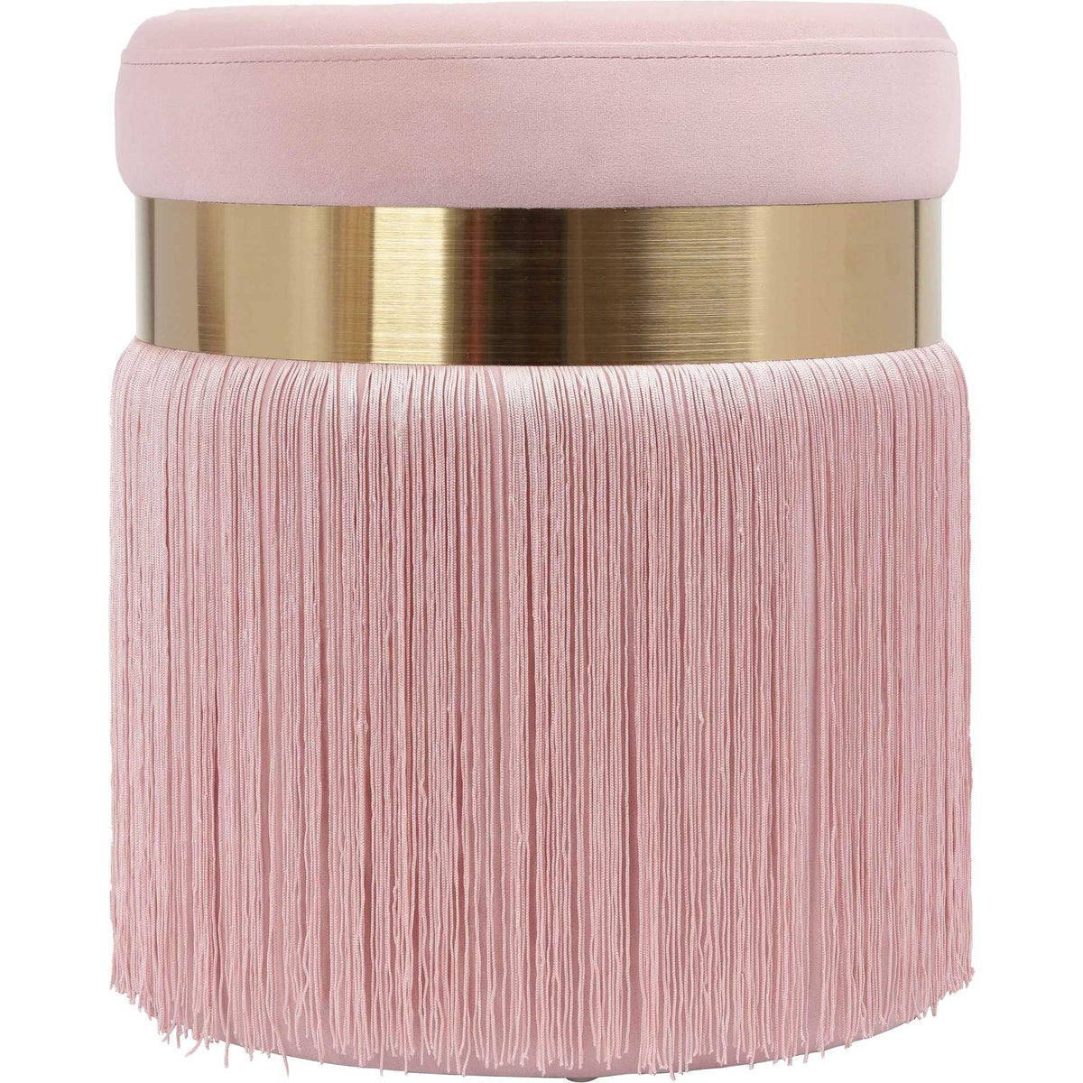 Soft pink upholstery, gleaming brass, and a full fringe skirt lend this compact ottoman vintage glamour || TOV-OC68212 || front_studio
