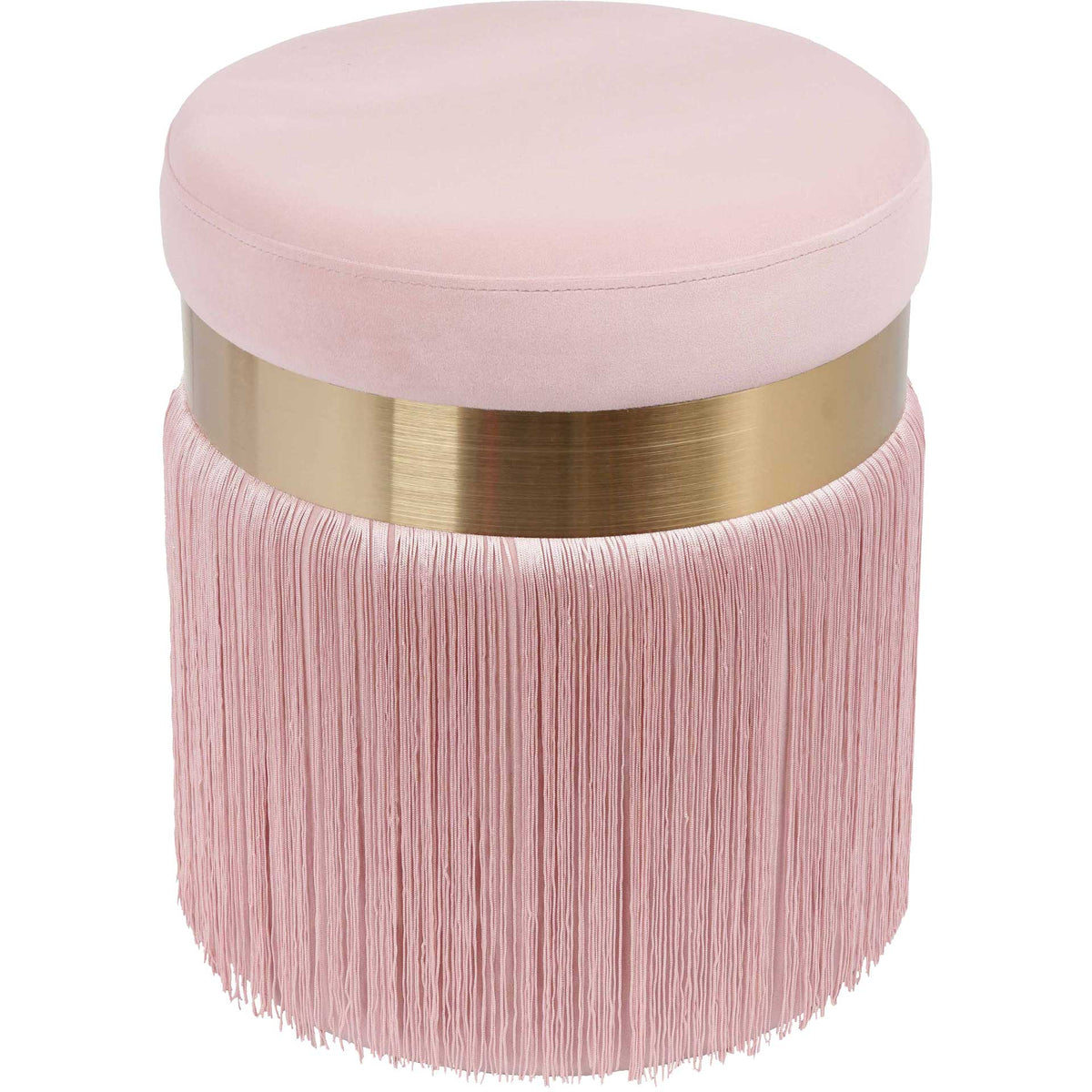 Blush pink velvet and a brushed brass band crown a round ottoman wrapped in long, silky fringe || TOV-OC68212 || front_angle_studio