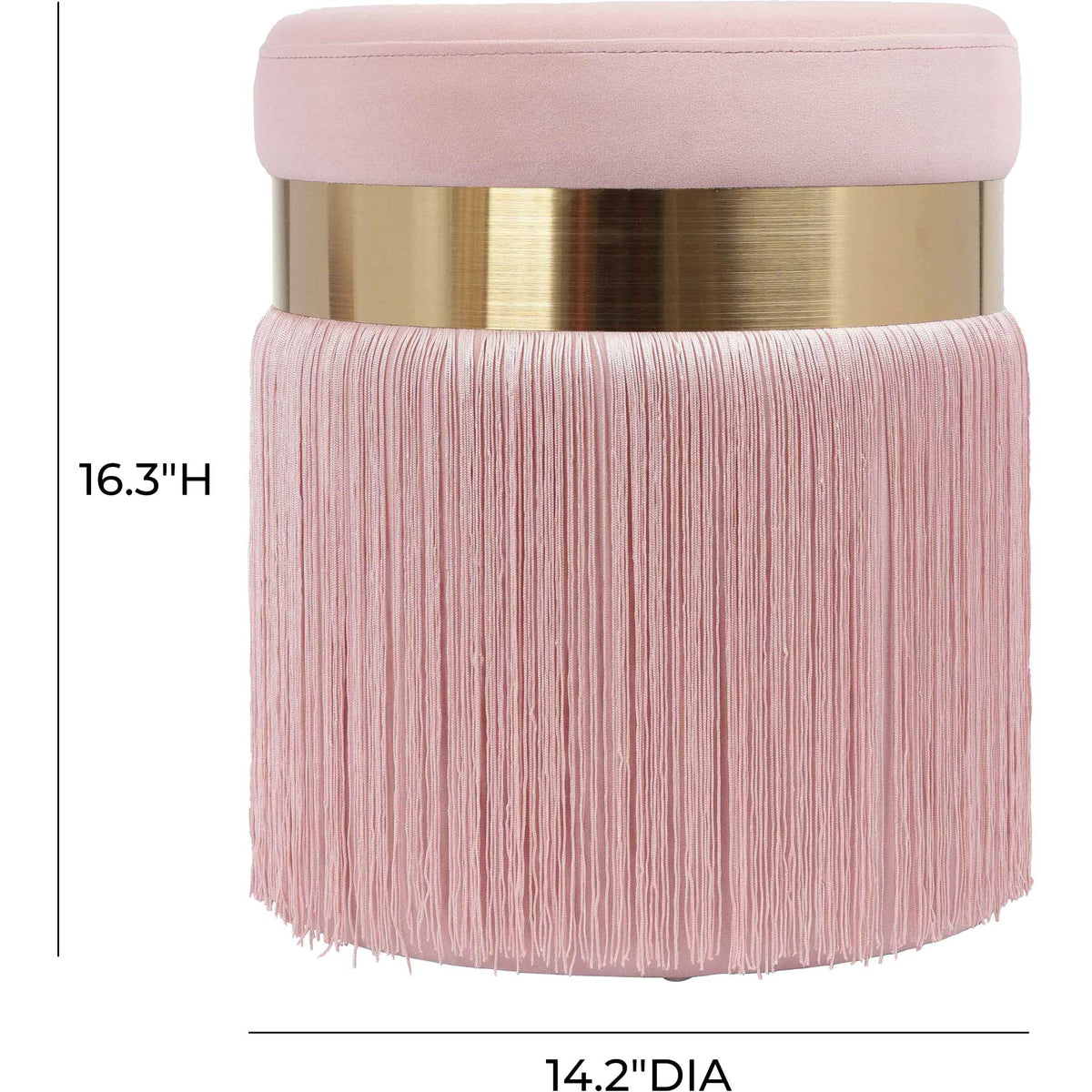 Blush pink fringed ottoman offers a compact 14.2-inch diameter and a 16.3-inch seat height