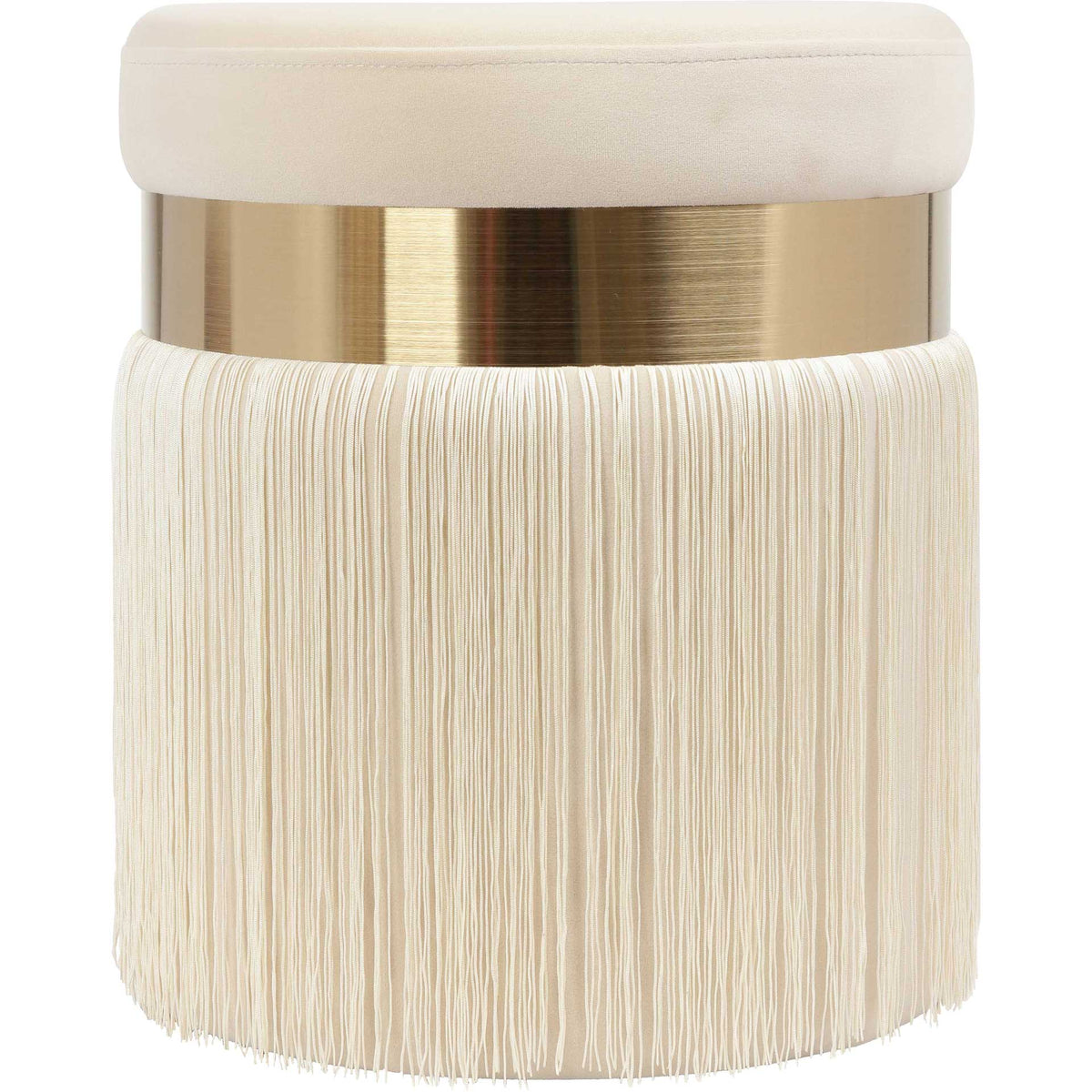 An ivory-toned fringe skirt adds graceful texture beneath a plush cream velvet seat and warm brass band || TOV-OC68213 || front_studio
