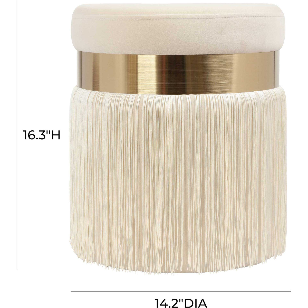 Cream velvet ottoman with elegant fringe stands 16.3 inches tall and measures 14.2 inches in diameter