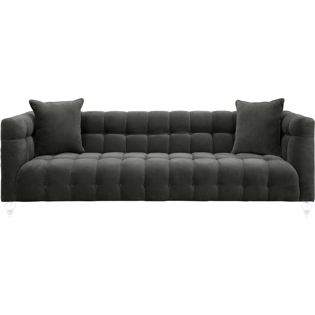 Deep gray velvet sofa pairs a broad tufted seat with high arms and two soft accent pillows || TOV-S100 || front_studio