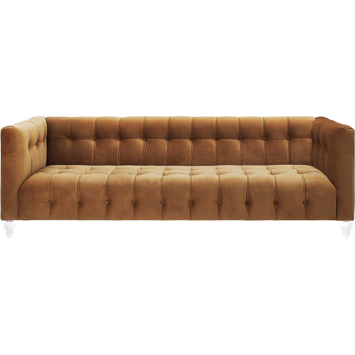 Low-profile cognac velvet sofa with a wide tufted seat and matching-height arms and back || TOV-S109 || front_studio