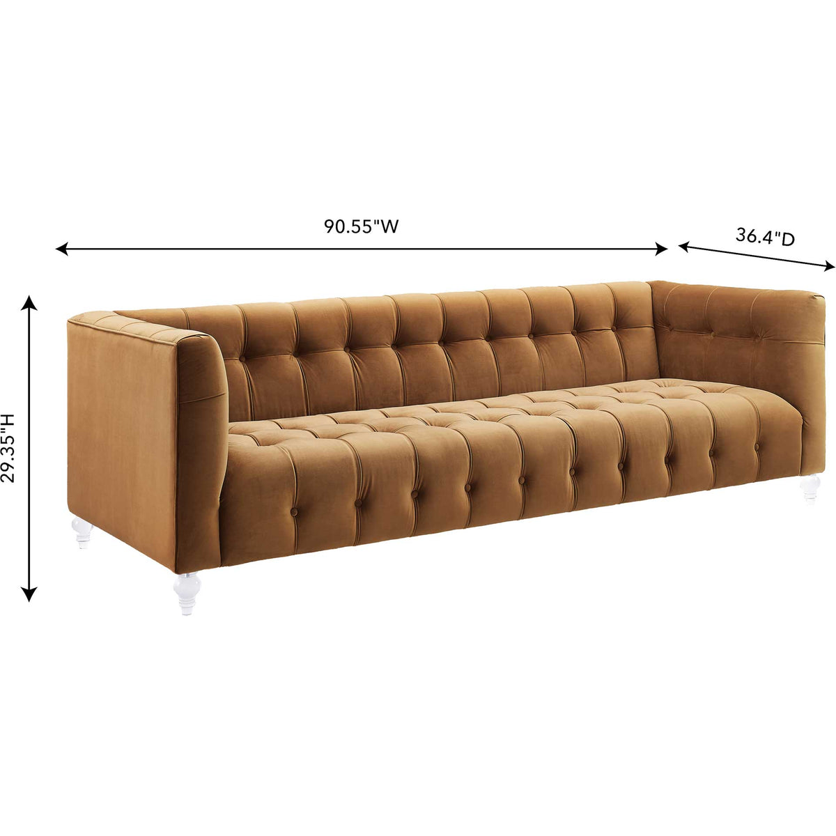 Spacious cognac velvet sofa balances a deep seat with a low back and transparent turned legs