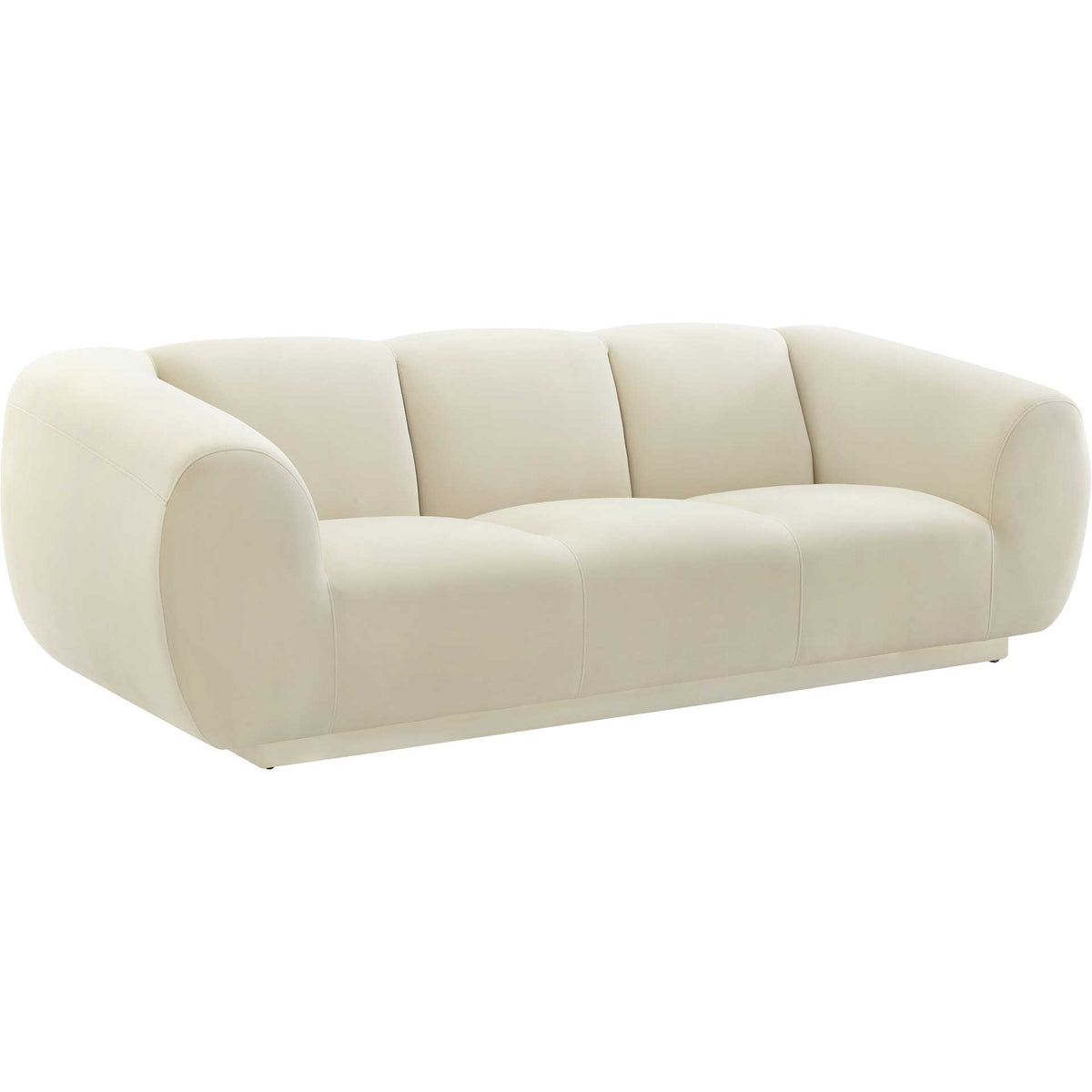 Cream velvet sofa with plush three-section seating, gently rounded arms, and a low upholstered base || TOV-S6445 || front_angle_studio