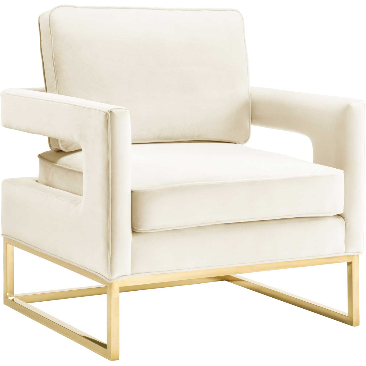 Cream velvet and a gleaming gold sled base give this generously cushioned accent chair a light, luxurious feel. || TOV-S68199 || front_angle_studio