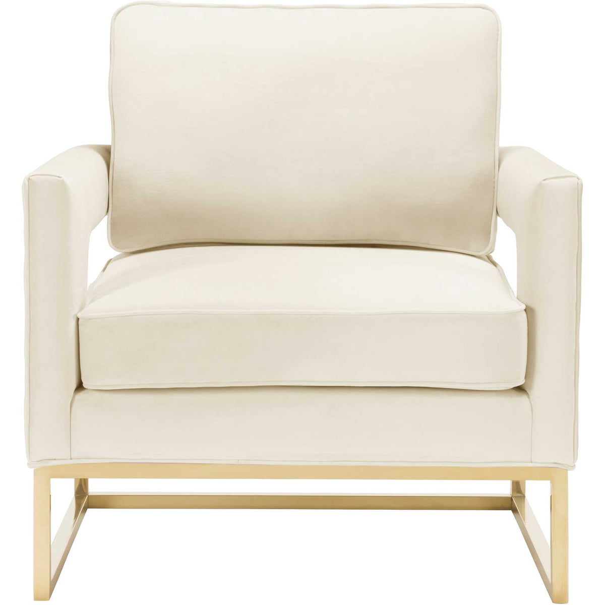 A broad cream velvet seat and piped back cushion offer plush comfort between squared padded arms. || TOV-S68199 || front_studio