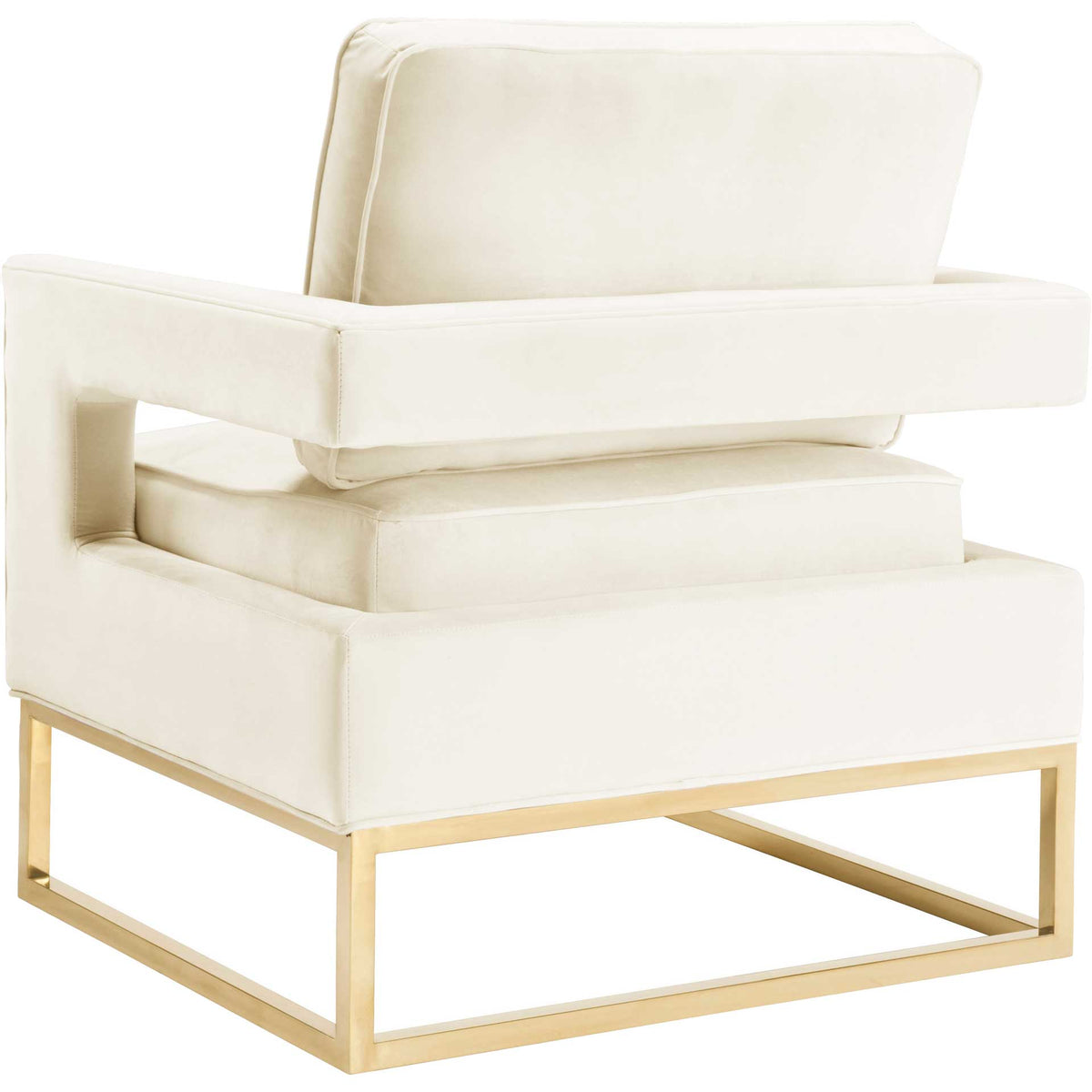 A cream velvet wraparound back pairs with an airy gold frame for a refined, cohesive design.
