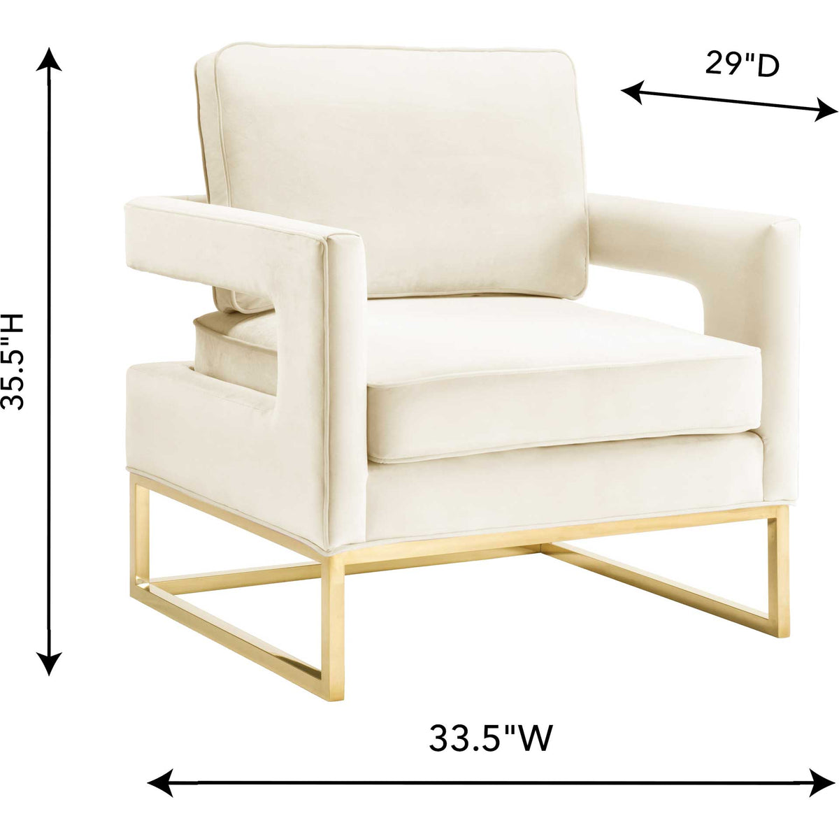 This cream velvet chair pairs a gold base with a 33.5-inch width, 29-inch depth, and 35.5-inch height.
