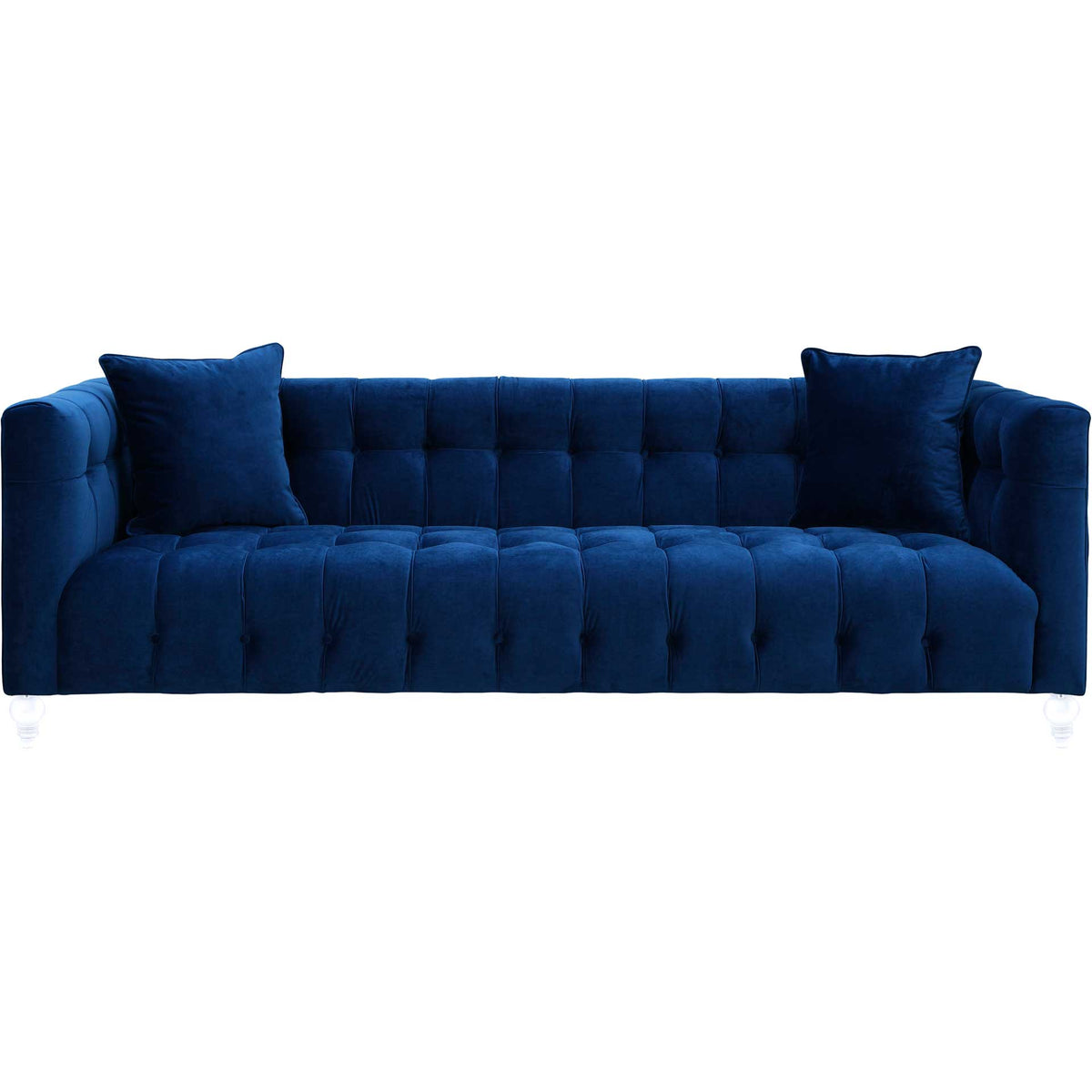 Rich navy velvet and a broad tufted seat bring plush comfort to a clean-lined sofa with high arms || TOV-S85 || front_studio