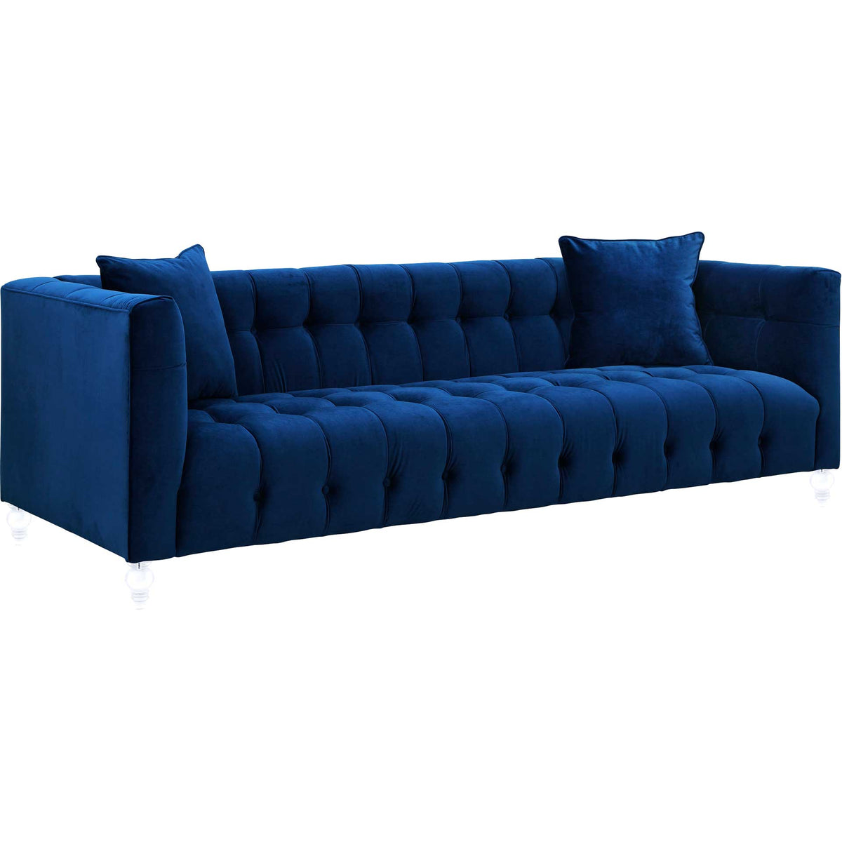 Navy velvet sofa with deep button tufting, two coordinating pillows, and transparent turned legs || TOV-S85 || front_angle_studio