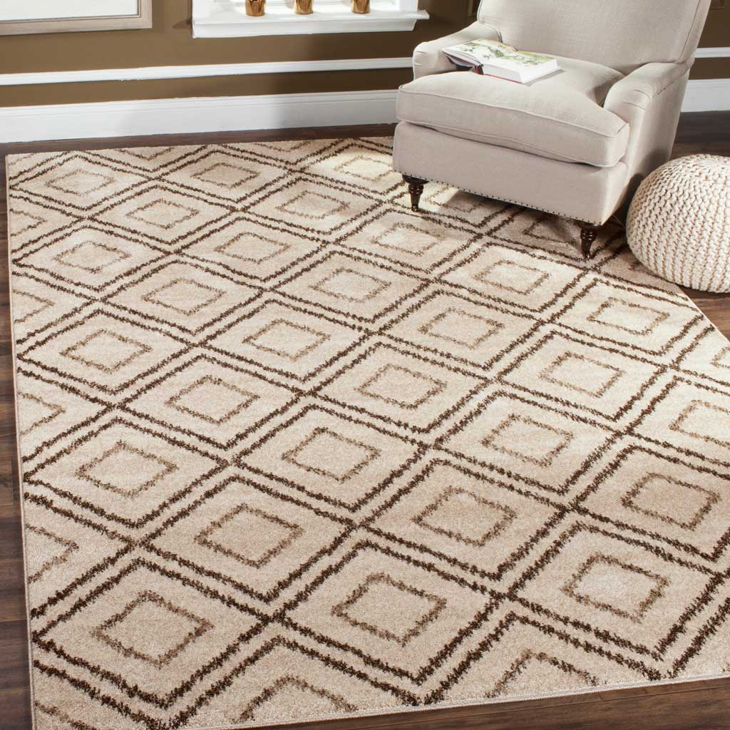 A cream rug with brown diamonds lends soft texture and warmth to a seating area.