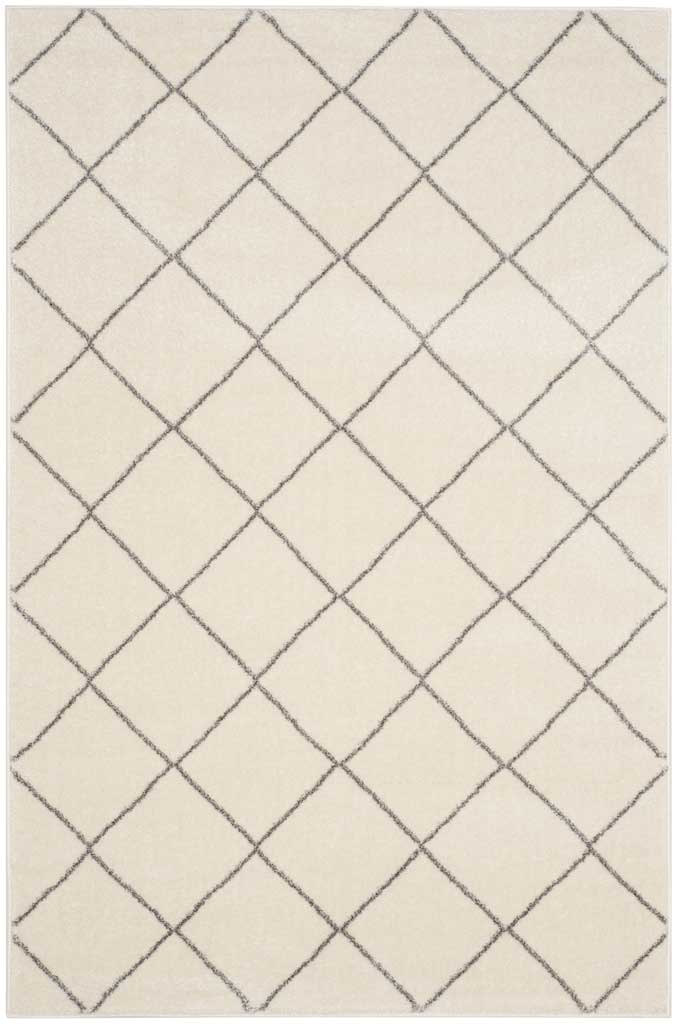 A compact ivory area rug features a large-scale light gray crisscross pattern.
