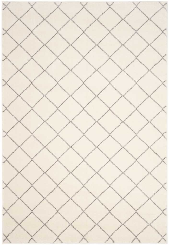 Intersecting light gray lines form an airy diamond grid over this ivory area rug.