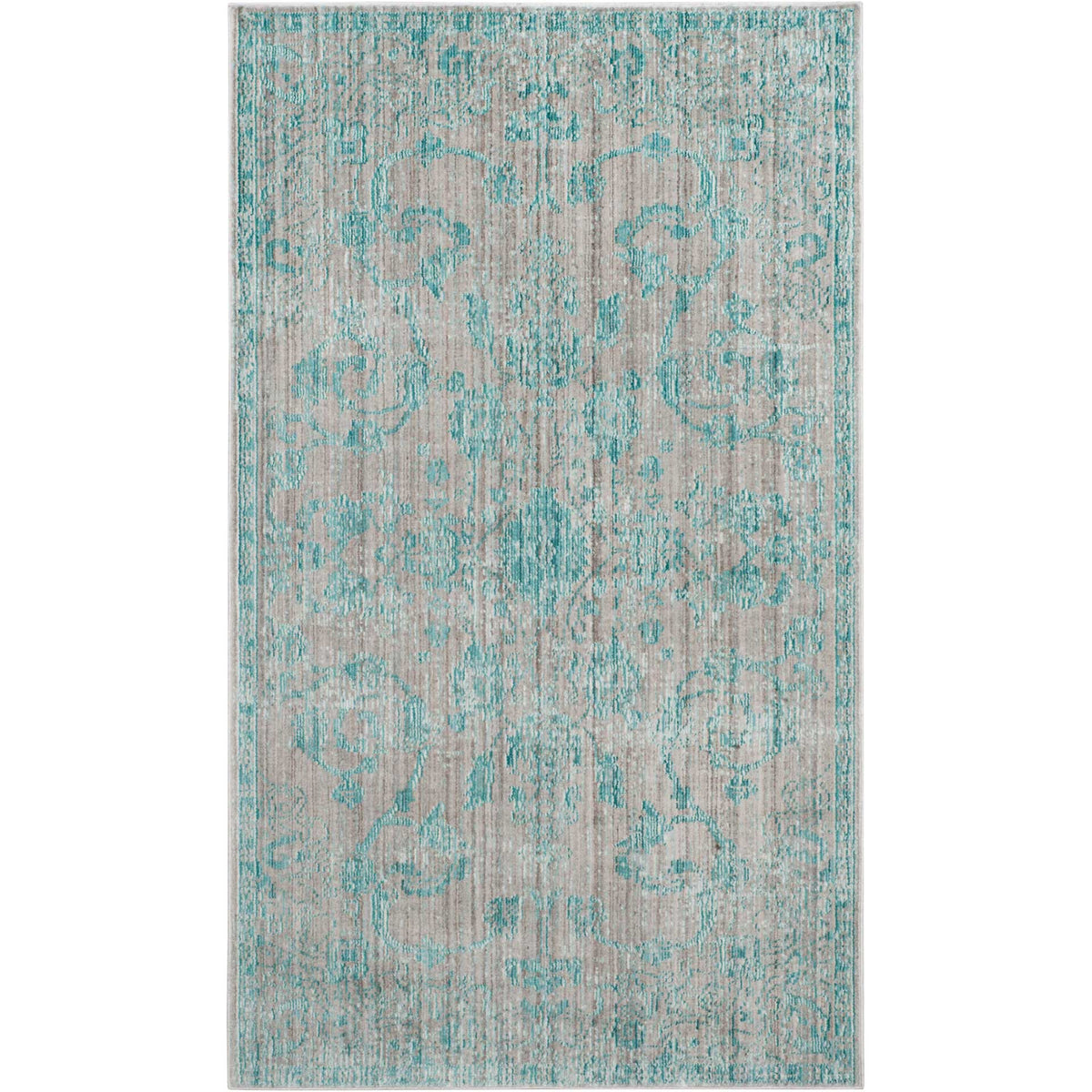 Soft aqua floral scrolls add vintage character to this small area rug