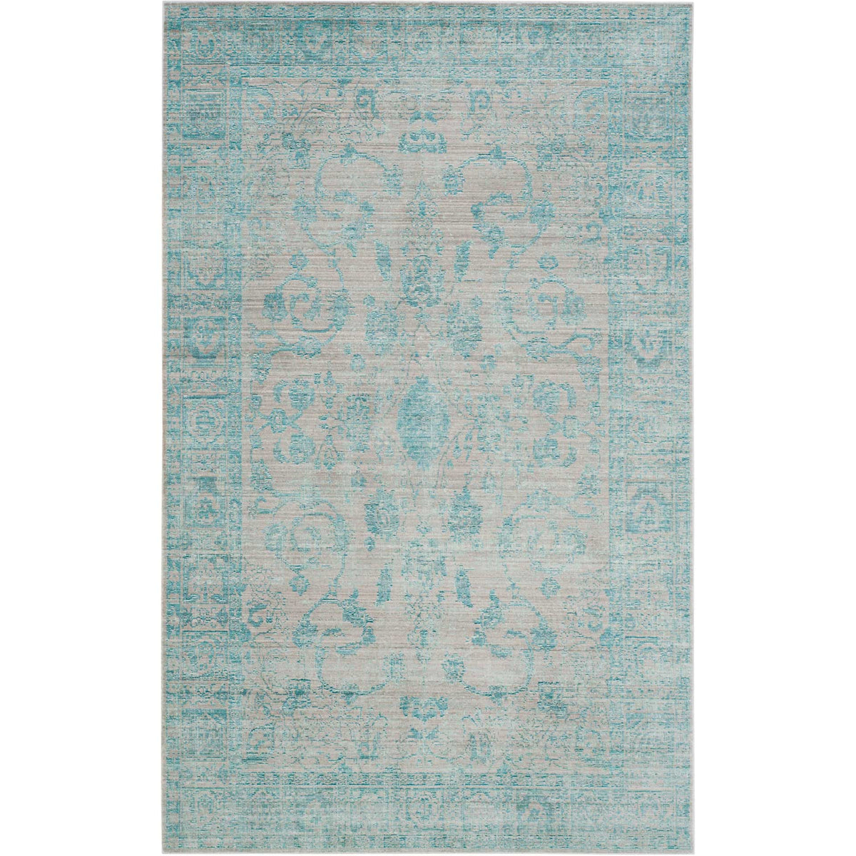 An ornate border frames a pale blue medallion and softly distressed floral design