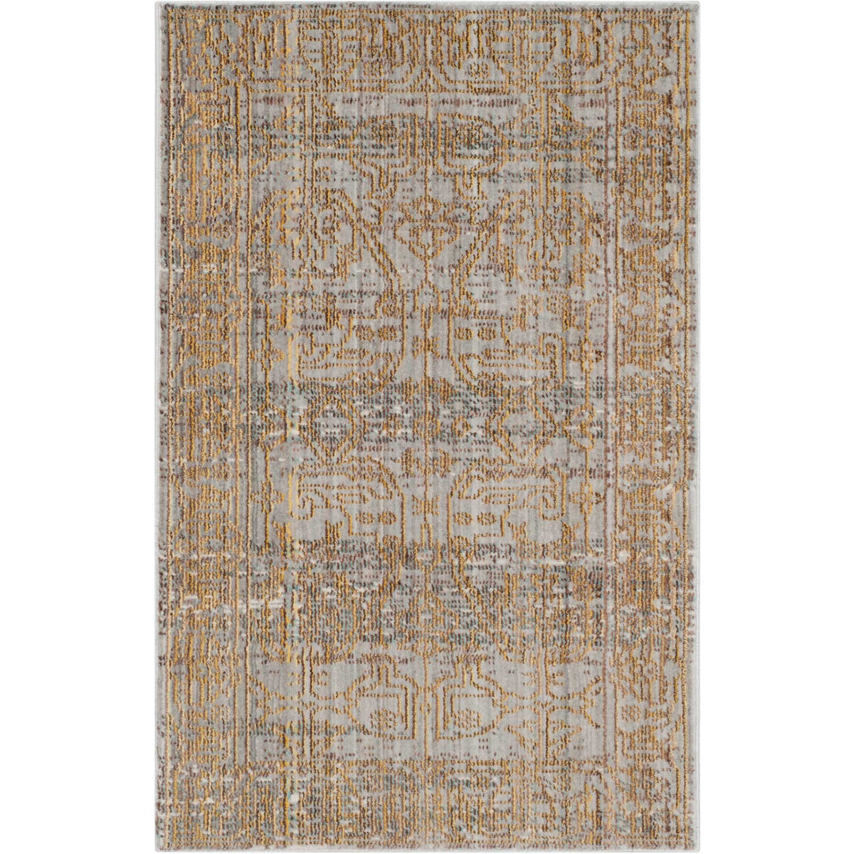 Compact gray and gold accent rug brings traditional scrollwork to a small space