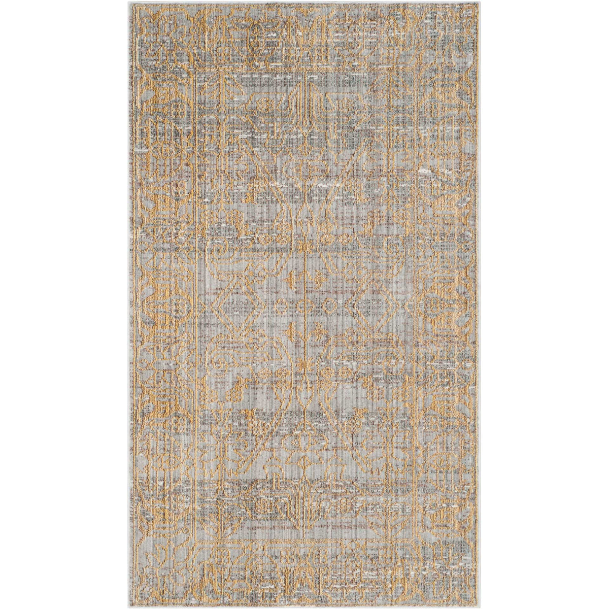 Gray and gold rug features delicate floral motifs and a weathered ornamental border