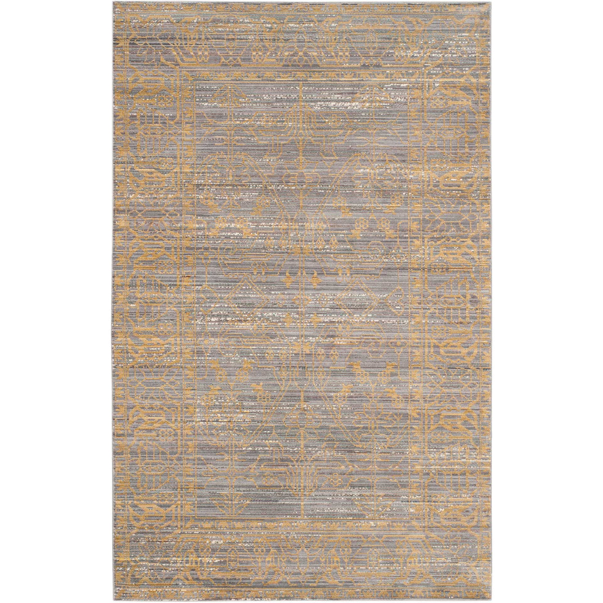 Gray and gold rug has a faded central motif framed by layered traditional borders