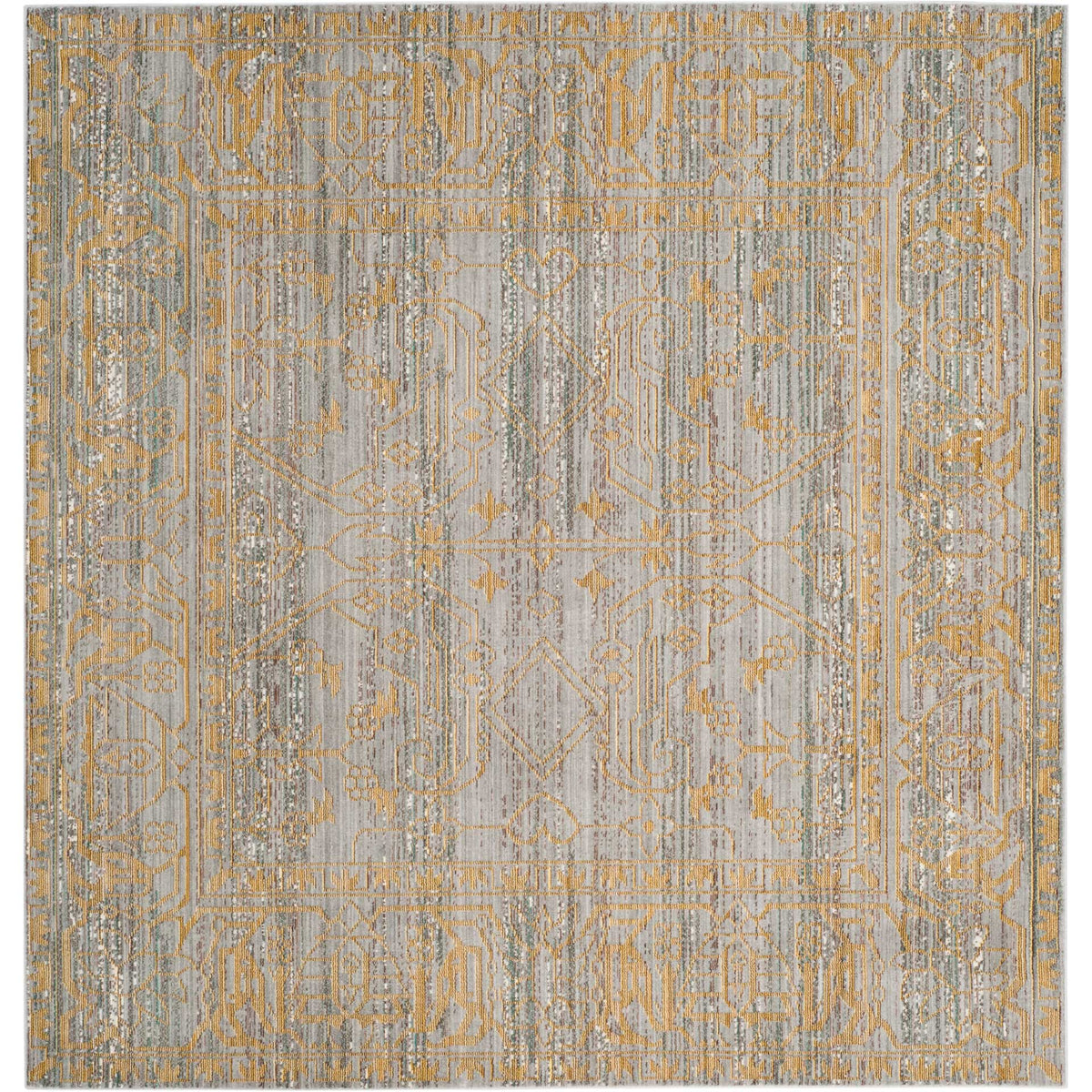 Square gray and gold rug features diamond motifs and intricate floral scrollwork