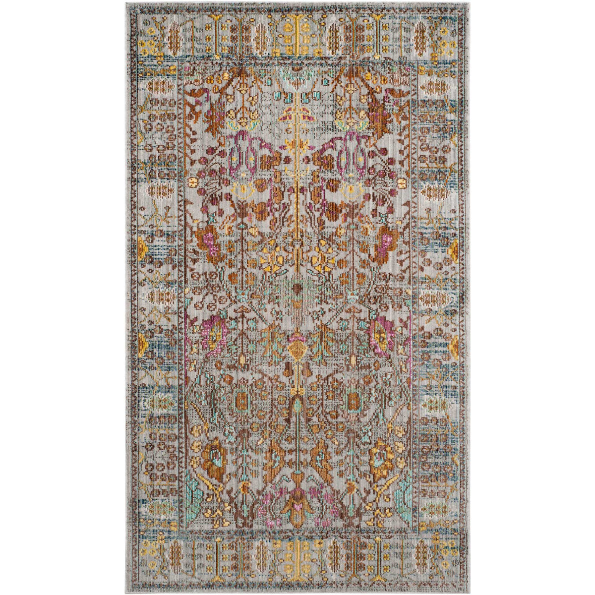 A small gray rug combines an intricate floral pattern with lively gold, rust and turquoise details.