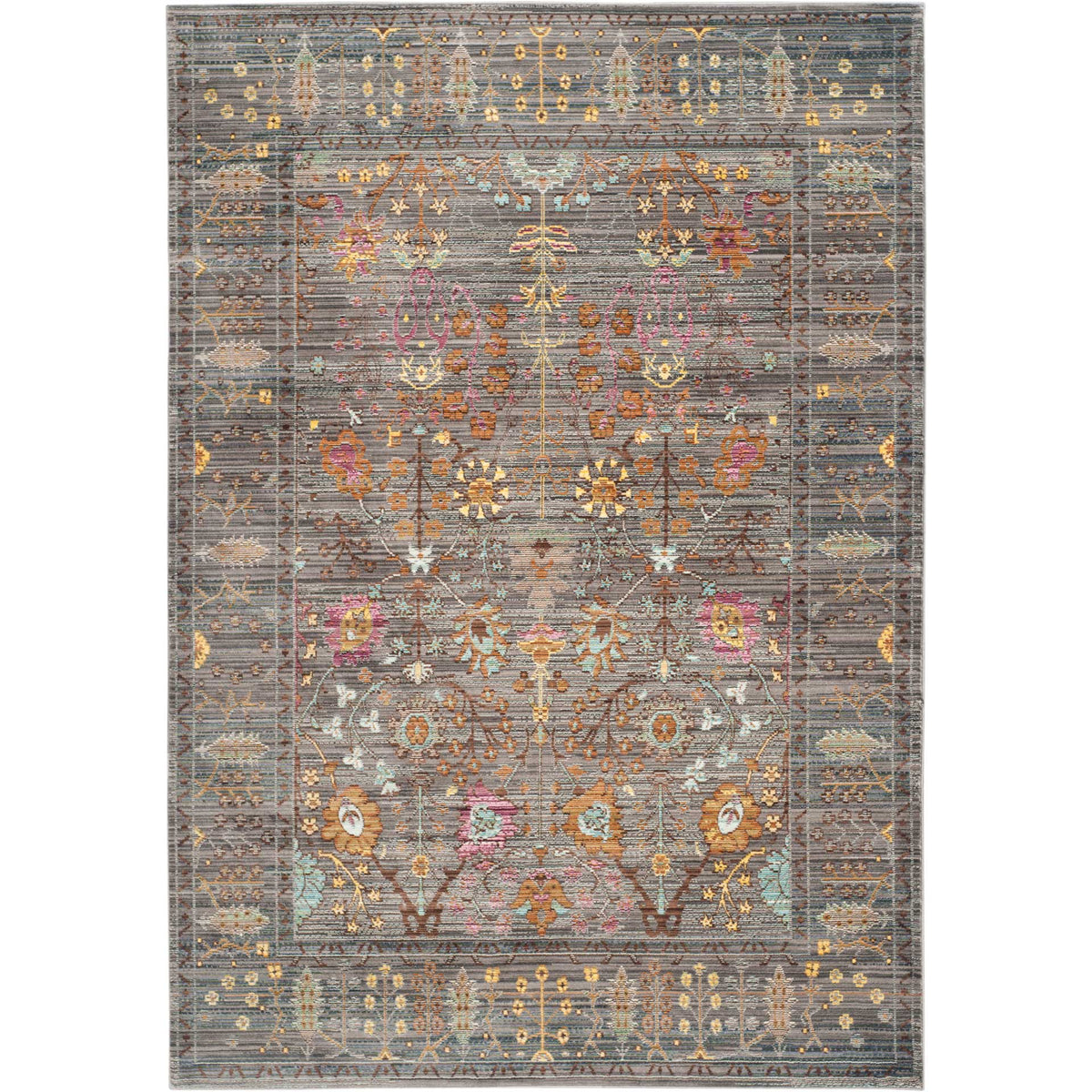 A gray rectangular rug layers traditional floral motifs with splashes of orange, teal and pink.