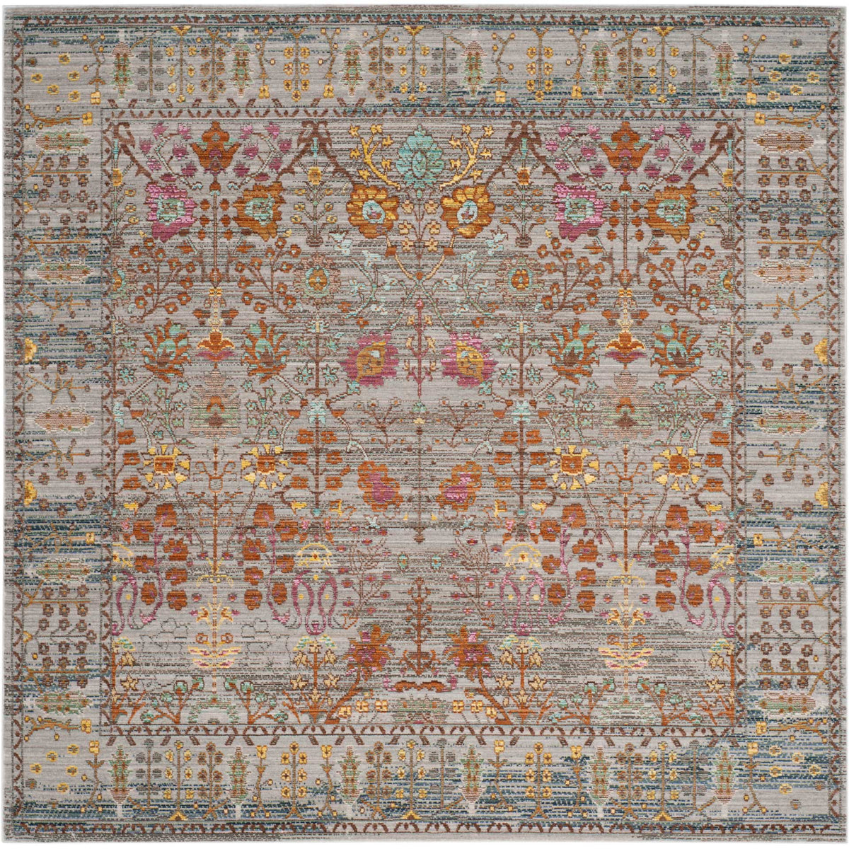 A square gray rug pairs a vintage-style floral design with a detailed border and bright teal and pink accents.