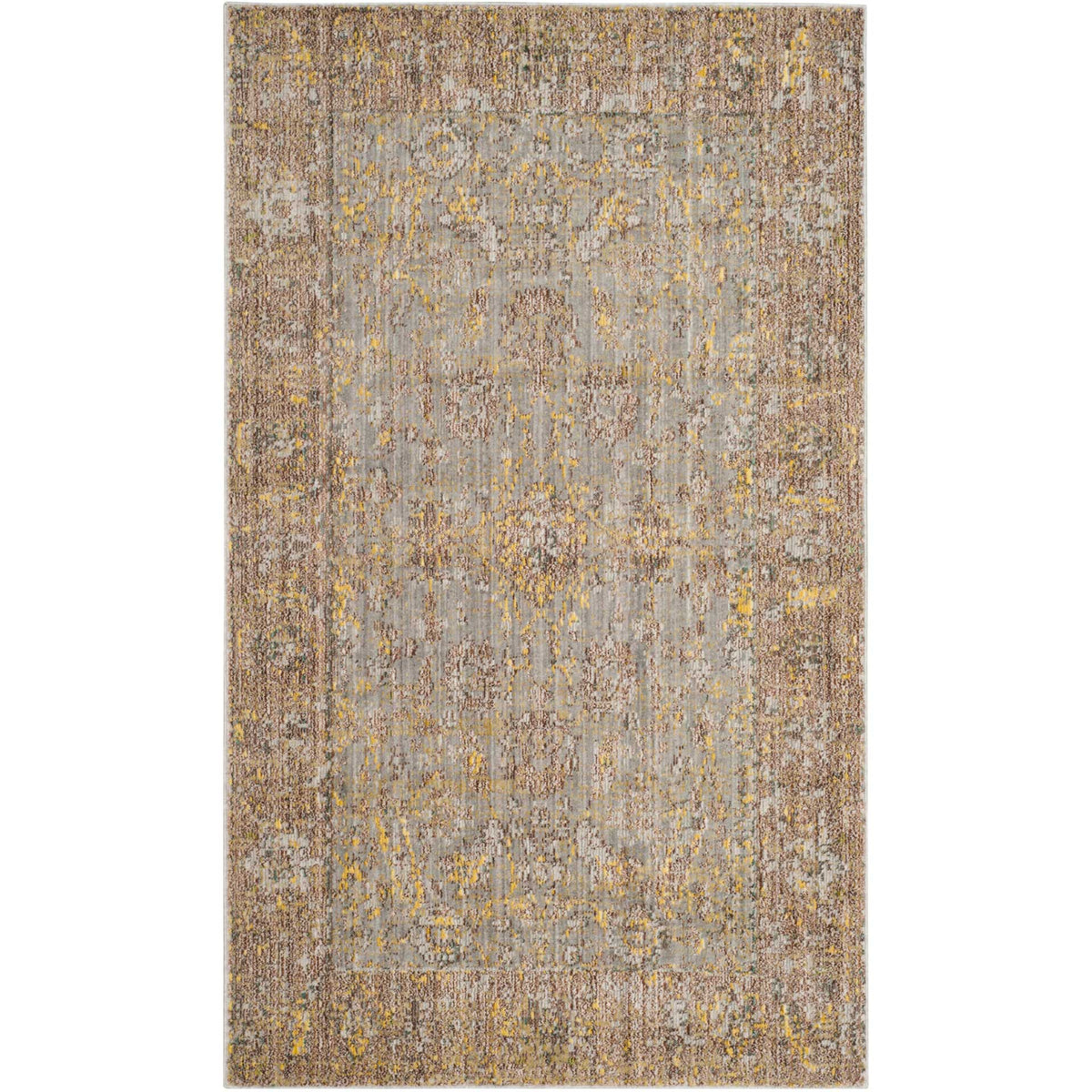 A weathered oriental design layers gray, taupe and golden accents across a rectangular rug.