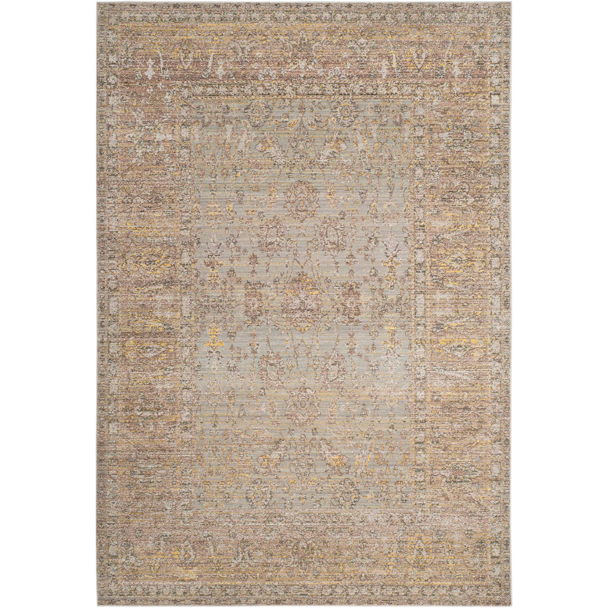 Muted gray, taupe and gold tones soften the intricate medallion and border motifs.