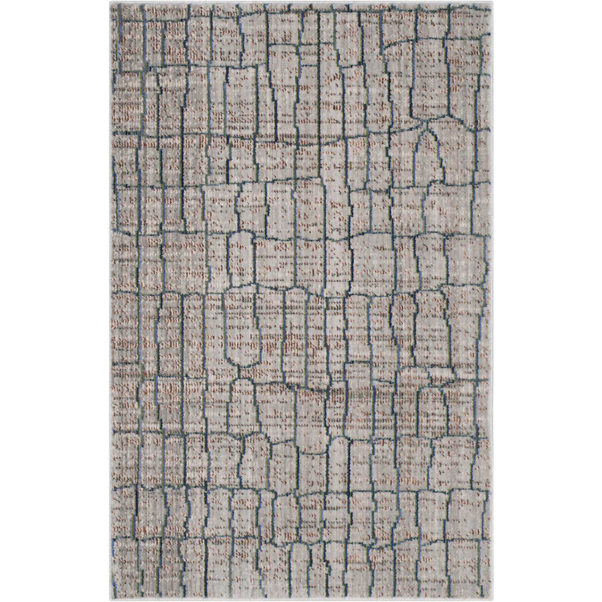 Winding blue lines form a loose geometric grid on this softly colored gray accent rug