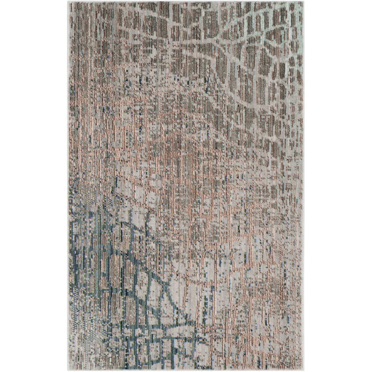 A compact gray rug combines distressed linear texture with teal and warm beige geometric accents.