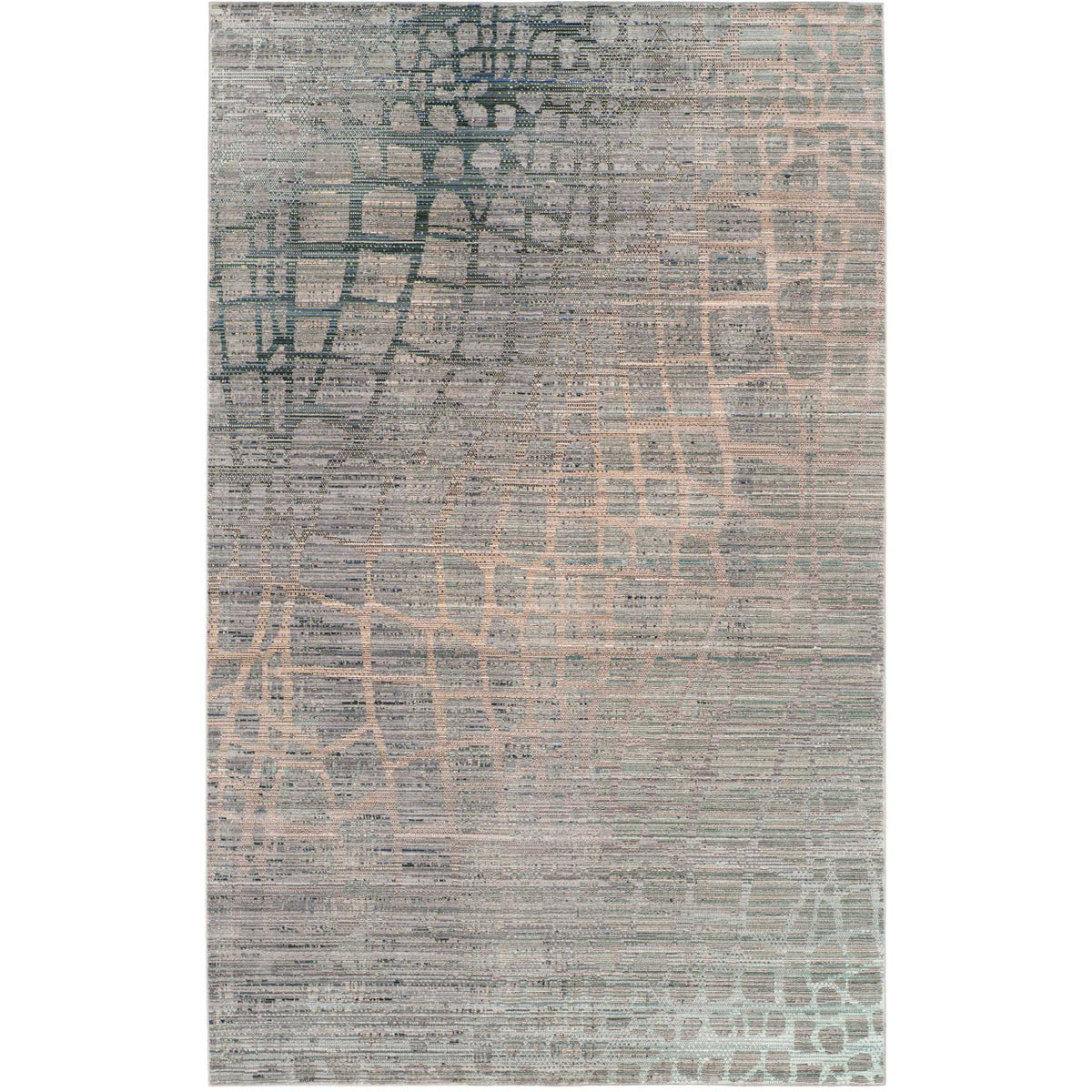A gray area rug layers soft teal and blush accents over a finely striated, abstract design.