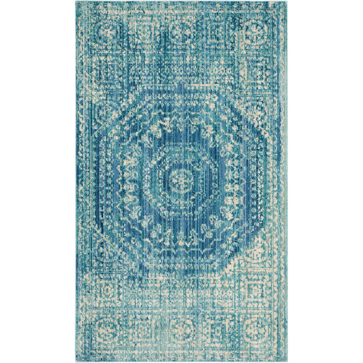 An ornate medallion and patterned border lend vintage charm to this blue 3' x 5' rug.