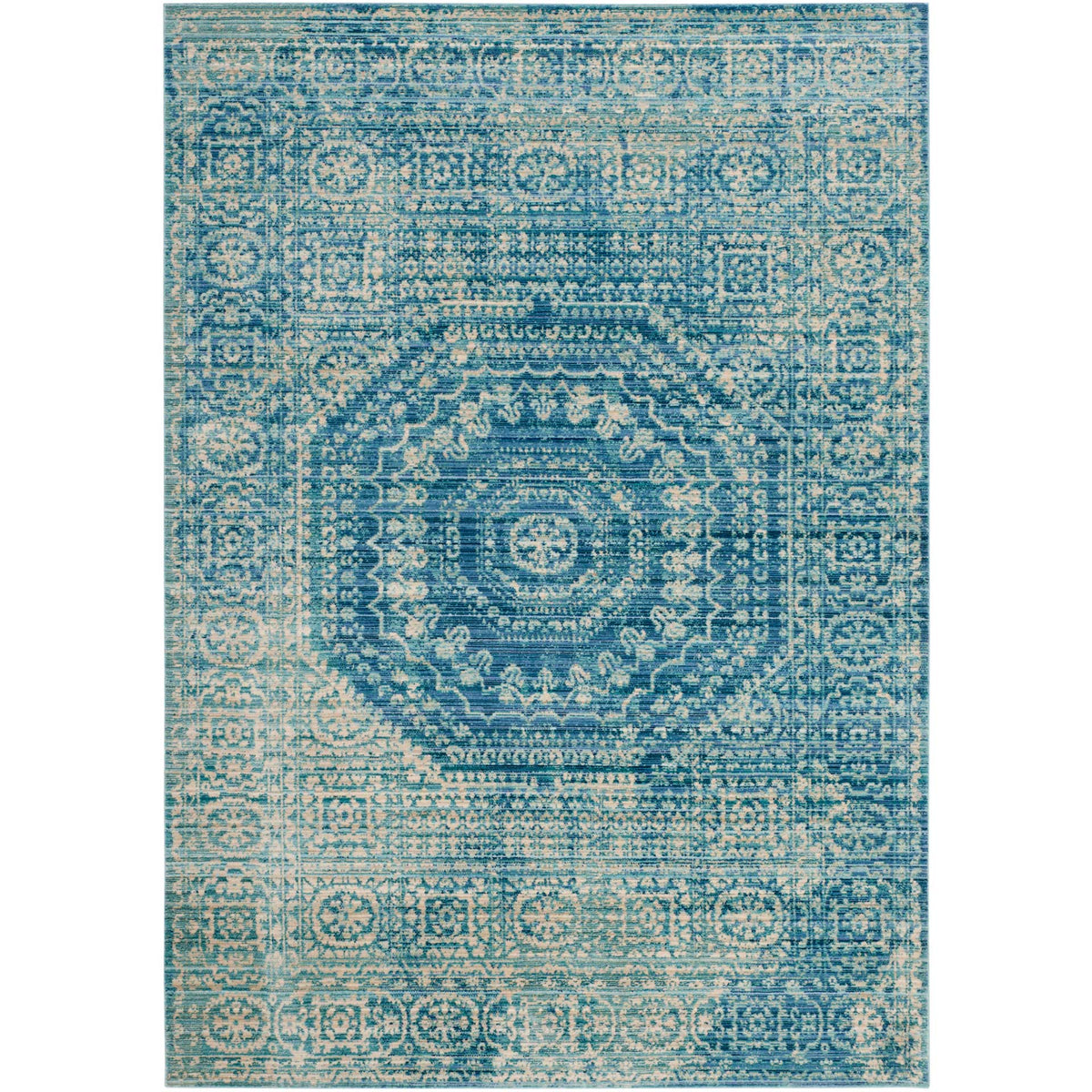 Deep blue medallion detailing and pale aqua accents enrich this 5' x 8' area rug.