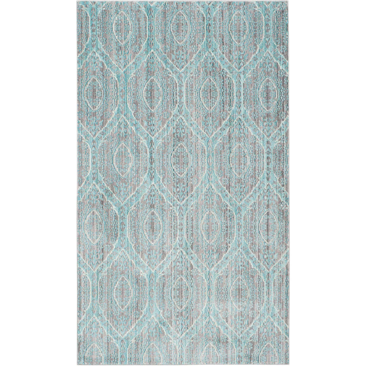 A compact rectangular rug pairs soft aqua hues with an intricate, repeating oval motif.