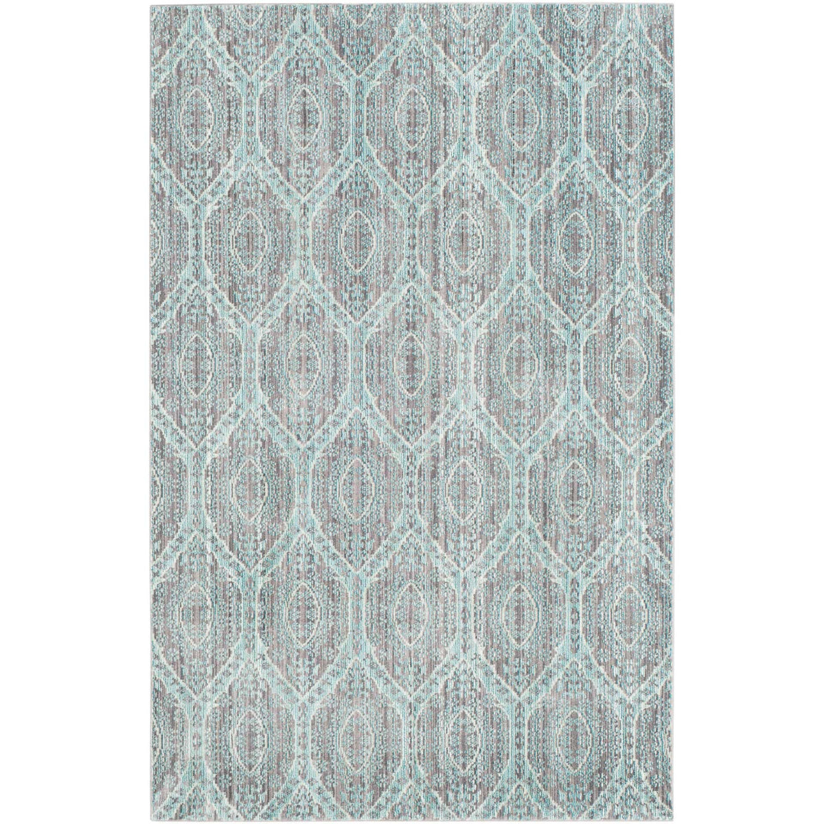 Elongated medallions in aqua and muted mauve create a richly layered, vintage-inspired motif.