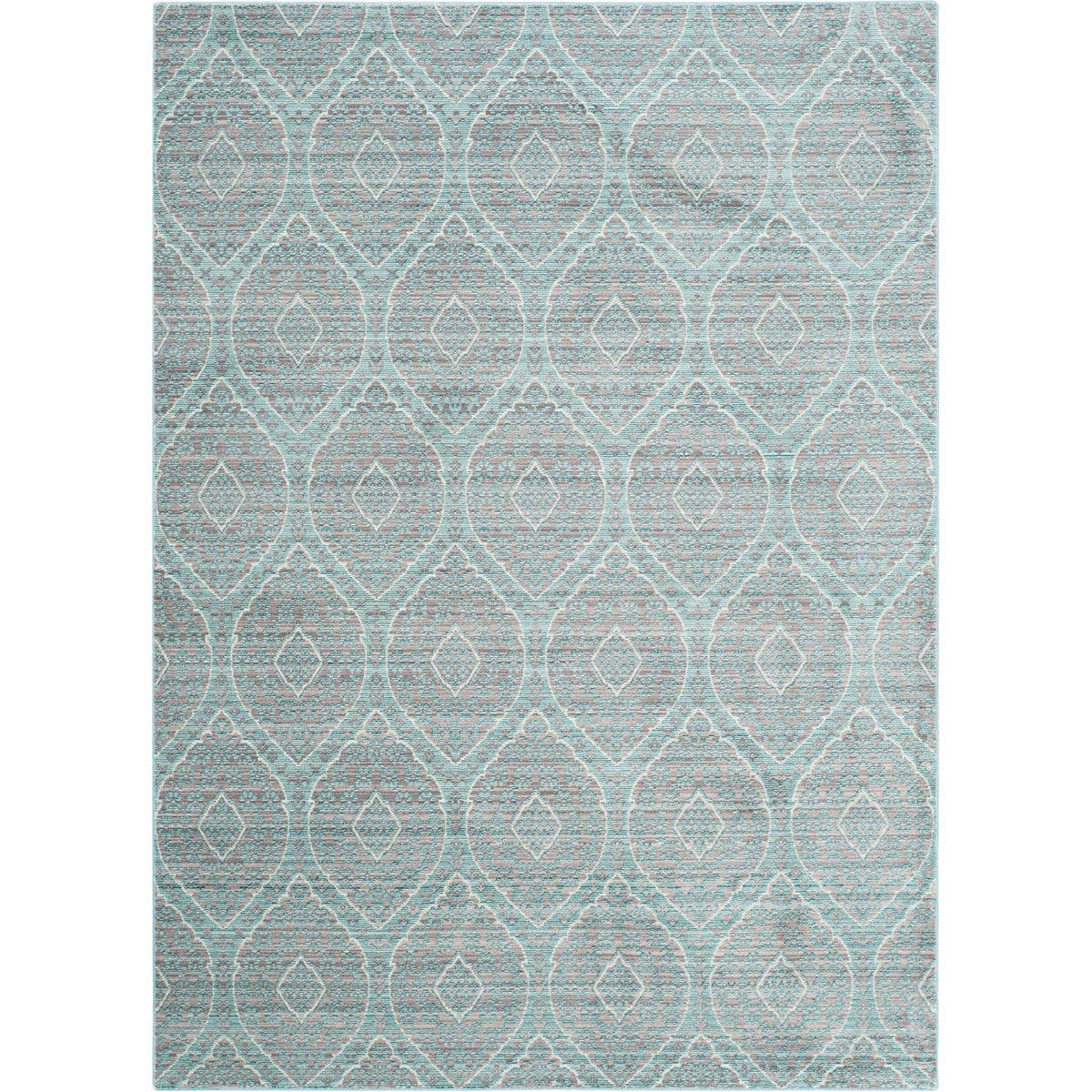 Aqua tracery outlines diamond-centered medallions across a softly distressed mauve rug.