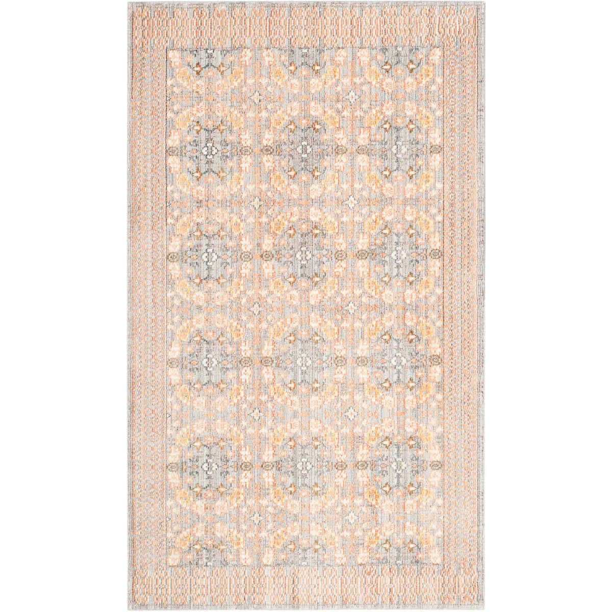 Small rectangular rug with softly faded motifs and peach-toned ornamental edging