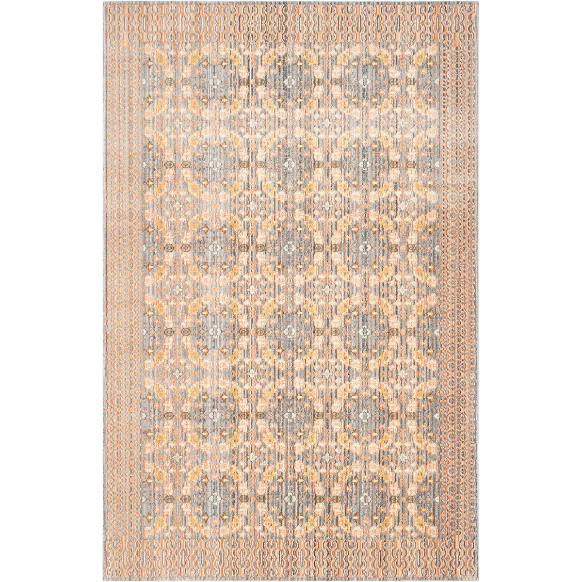 Rectangular rug with a distressed gray-and-peach pattern and a geometric border