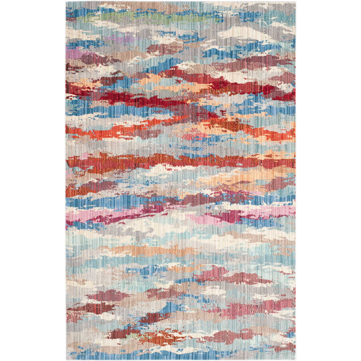 Dense red and blue striations bring painterly energy to this multicolor rectangular rug.