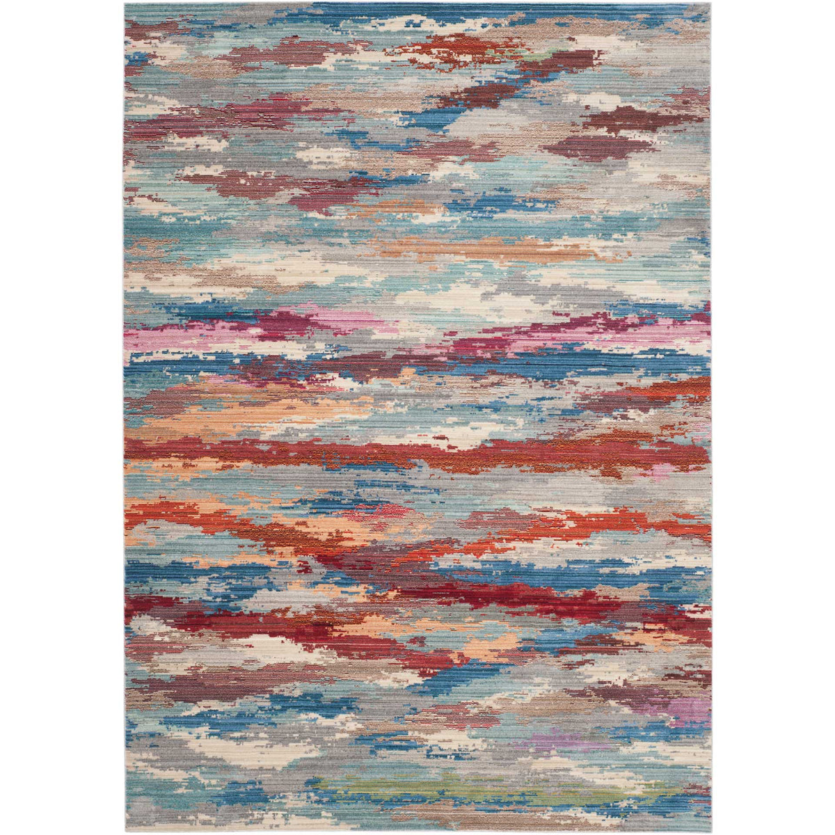 Rust, teal and burgundy bands create a lively abstract pattern on this rectangular area rug.