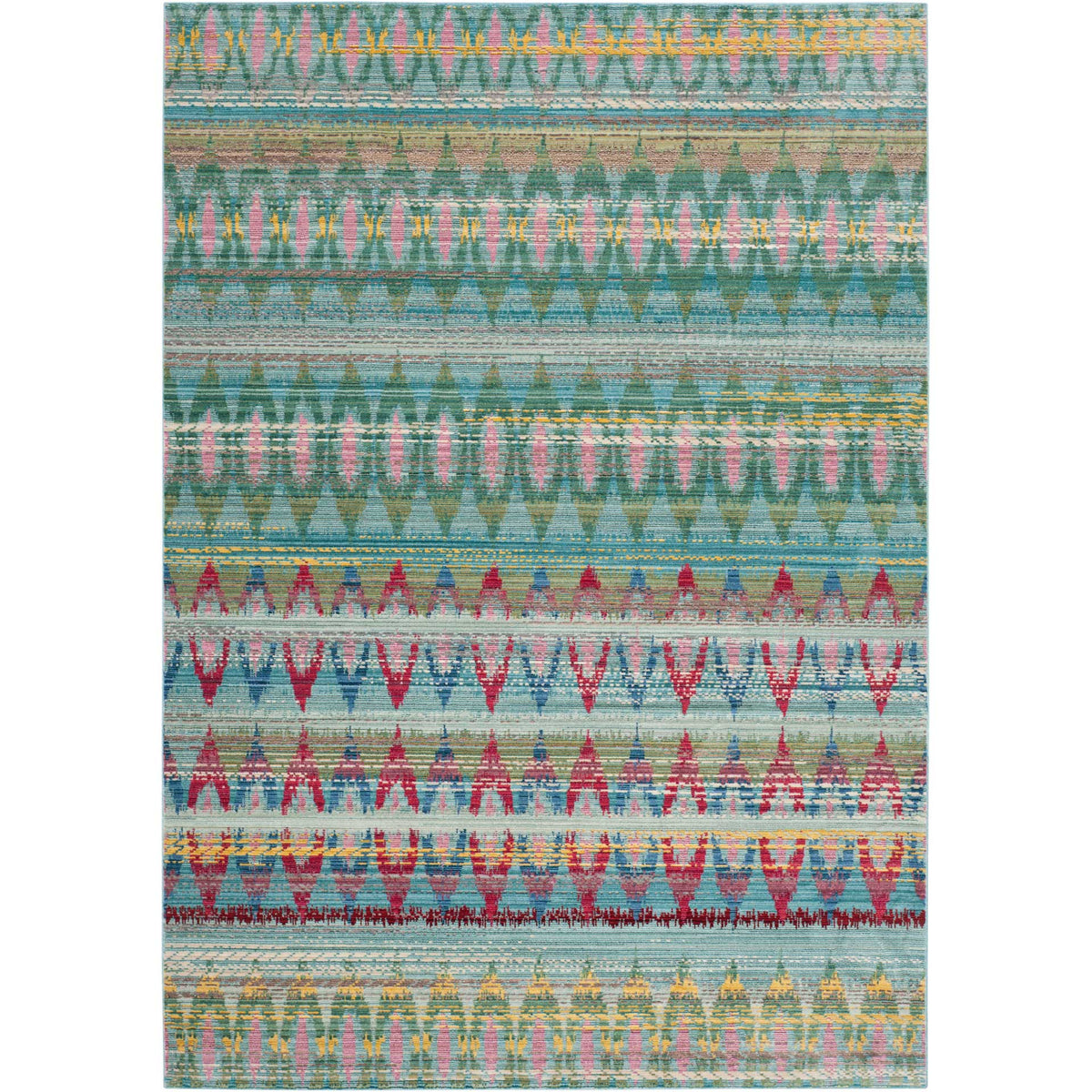 Soft blue and teal stripes mingle with repeating multicolor motifs across this geometric area rug.